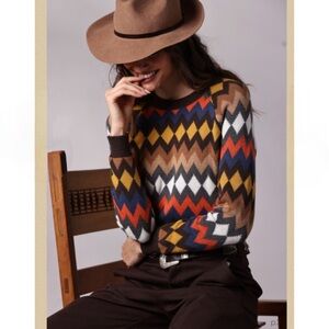 Minnie Rose Multicolor Crewneck Chevron Intarsia Sweater Cotton Blend Size XS